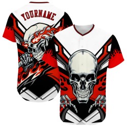 Authentisches Baseball Custom Skull Weiß Trikot Rot-Schwarz 3D