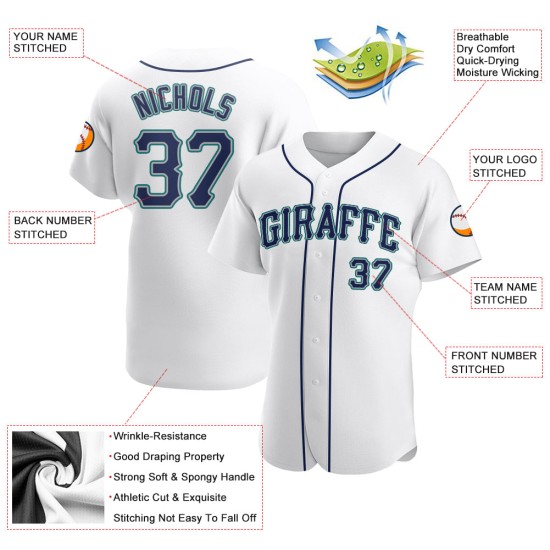 Jersey Weiß Navy-Teal Baseball Authentic Custom
