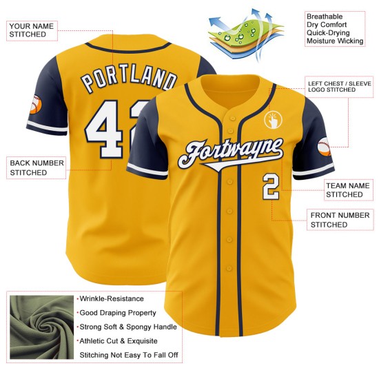 Zwei benutzerdefinierte weiß-marineblau goldfarbene Baseball-Trikots Zwei benutzerdefinierte weiß-marineblau goldfarbene Baseball-Trikots