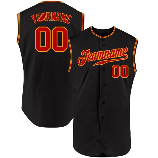 Benutzerdefiniertes schwarzes Baseballtrikot Rot-Gold Authentic Ärmellos Benutzerdefiniertes schwarzes Baseballtrikot Rot-Gold Authentic Ärmellos