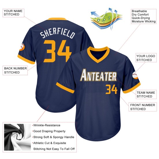 Shirt Custom Throwback Authentic Navy Gold-Weiß Jersey Rippstrick Baseball
