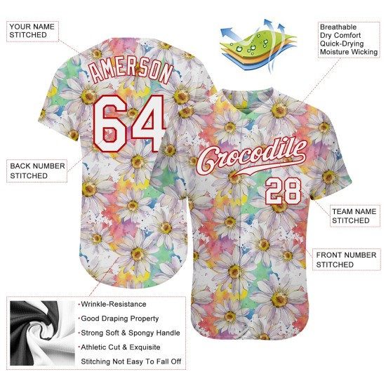 Jersey Muster Weiß Custom Baseball 3D Weiß-Rot Authentische Daisy Design Jersey Muster Weiß Custom Baseball 3D Weiß-Rot Authentische Daisy Design