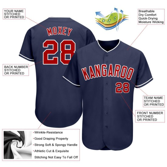 Benutzerdefiniertes authentisches Marineblaues Baseballtrikot in Rot-Weiß Benutzerdefiniertes authentisches Marineblaues Baseballtrikot in Rot-Weiß